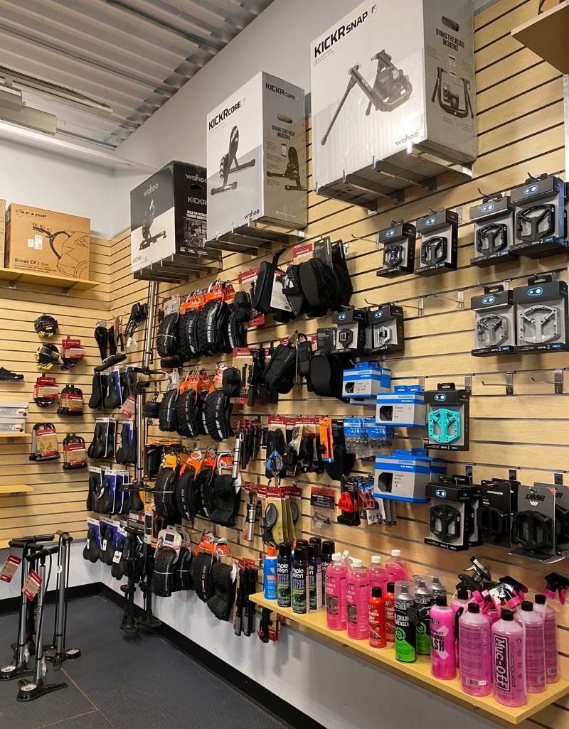 Bike accessories at a Sun & Ski Sports bike shop